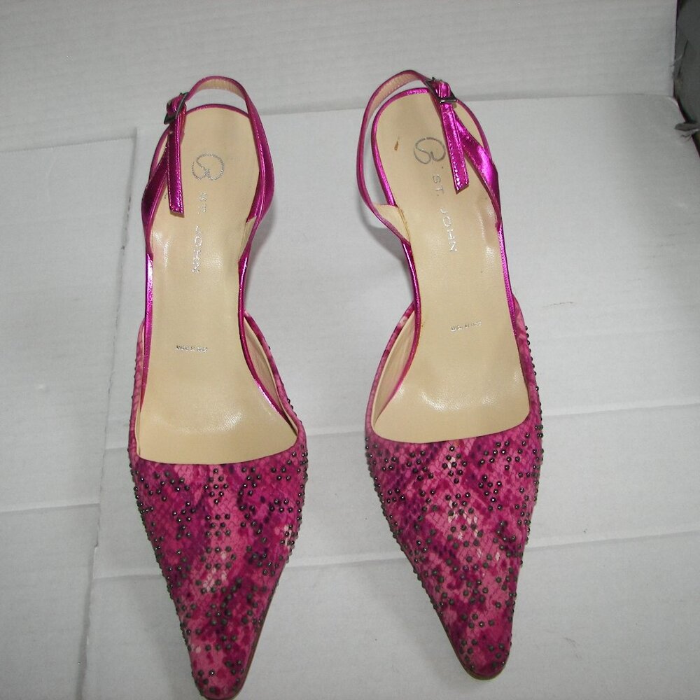 St. John women's fuschia beaded ankle strap heels with pointed toe 8 1/2 B